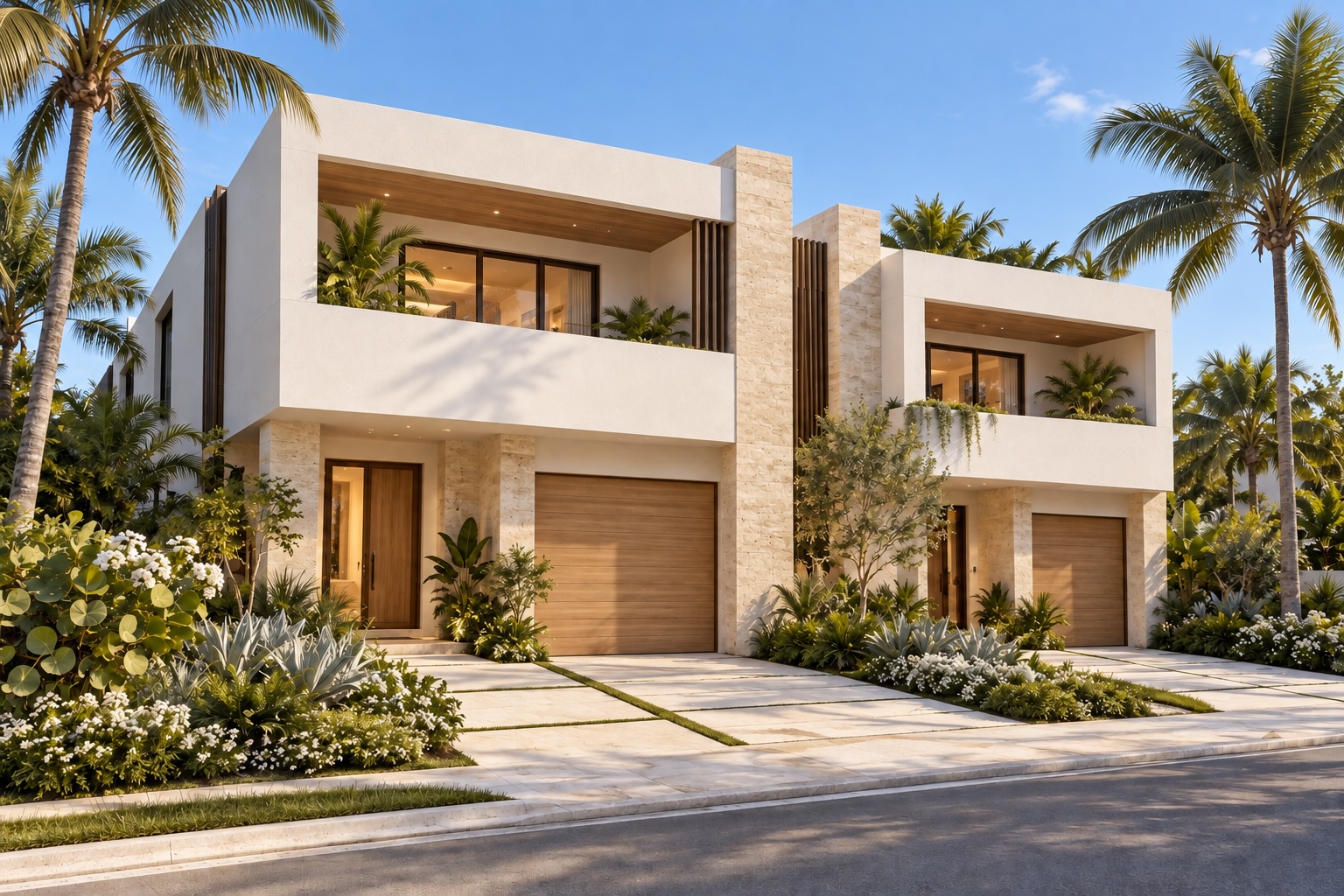 Architectural rendering of a modern duplex with white facades, tall stone accents, wood garage doors and tropical landscaping