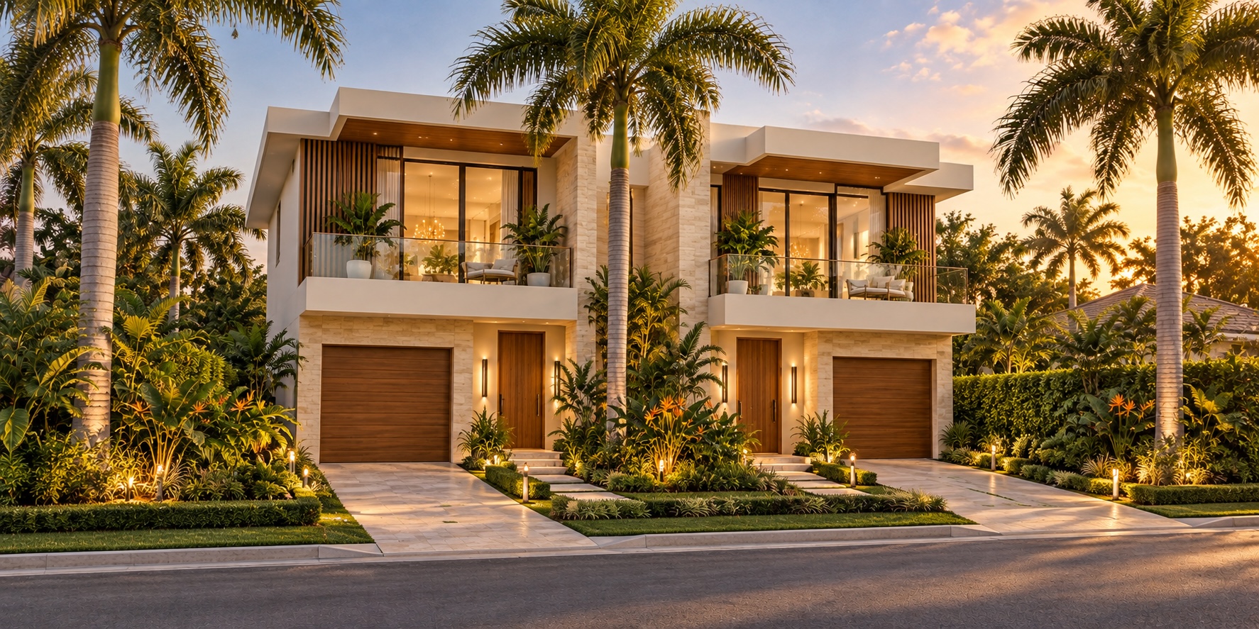 Architectural rendering of a modern duplex with stone, wood accents, balconies and tropical landscaping