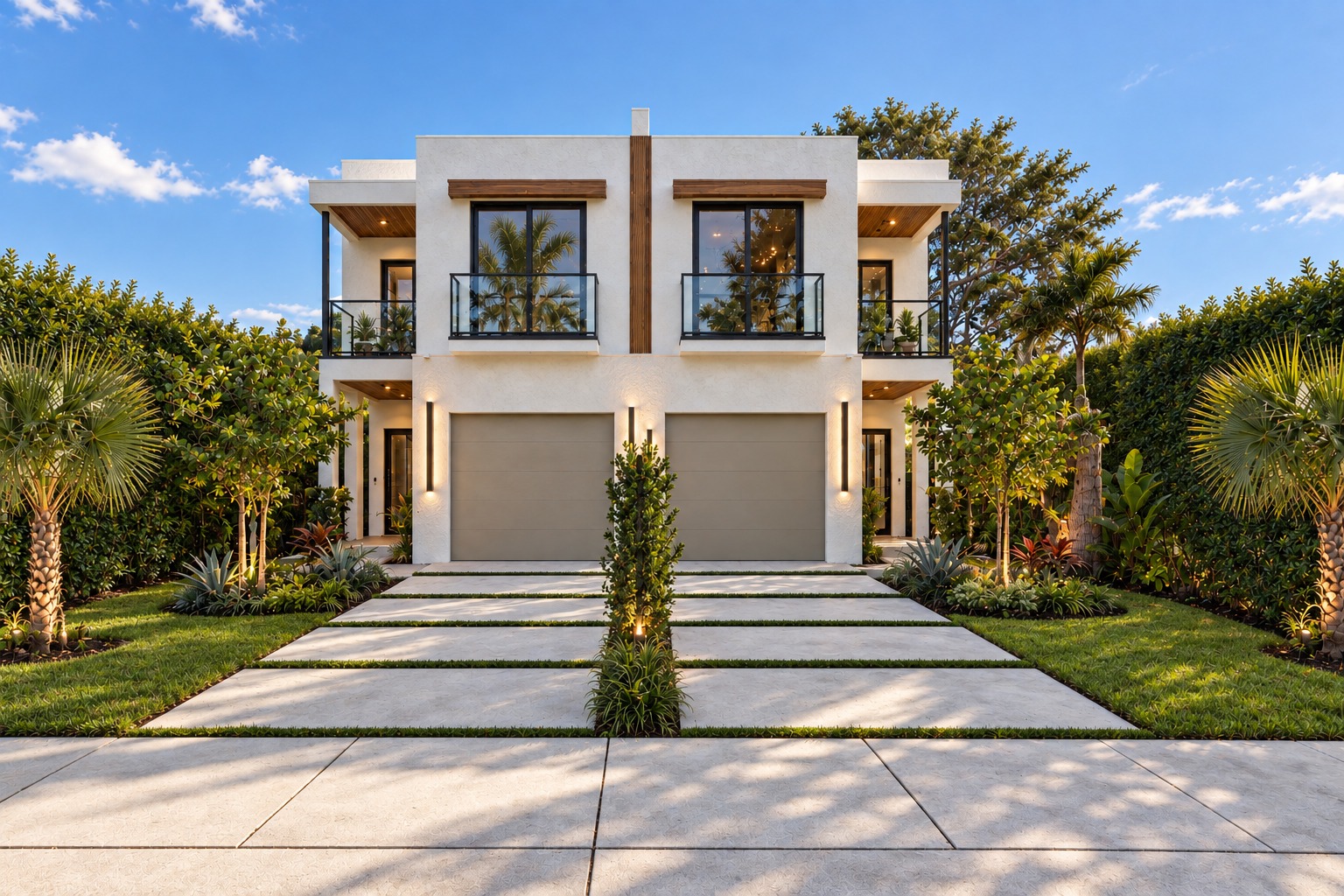Modern two-story South Florida residence with white facades, wood accents and tropical landscaping